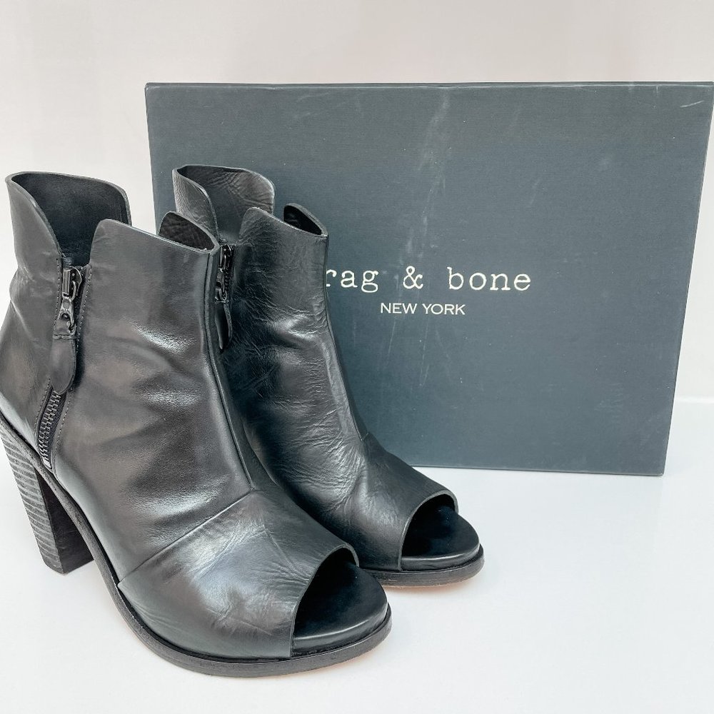rag & bone Noelle Booties Open Toe 38.5 8.5 Black Leather Heels Preowned
